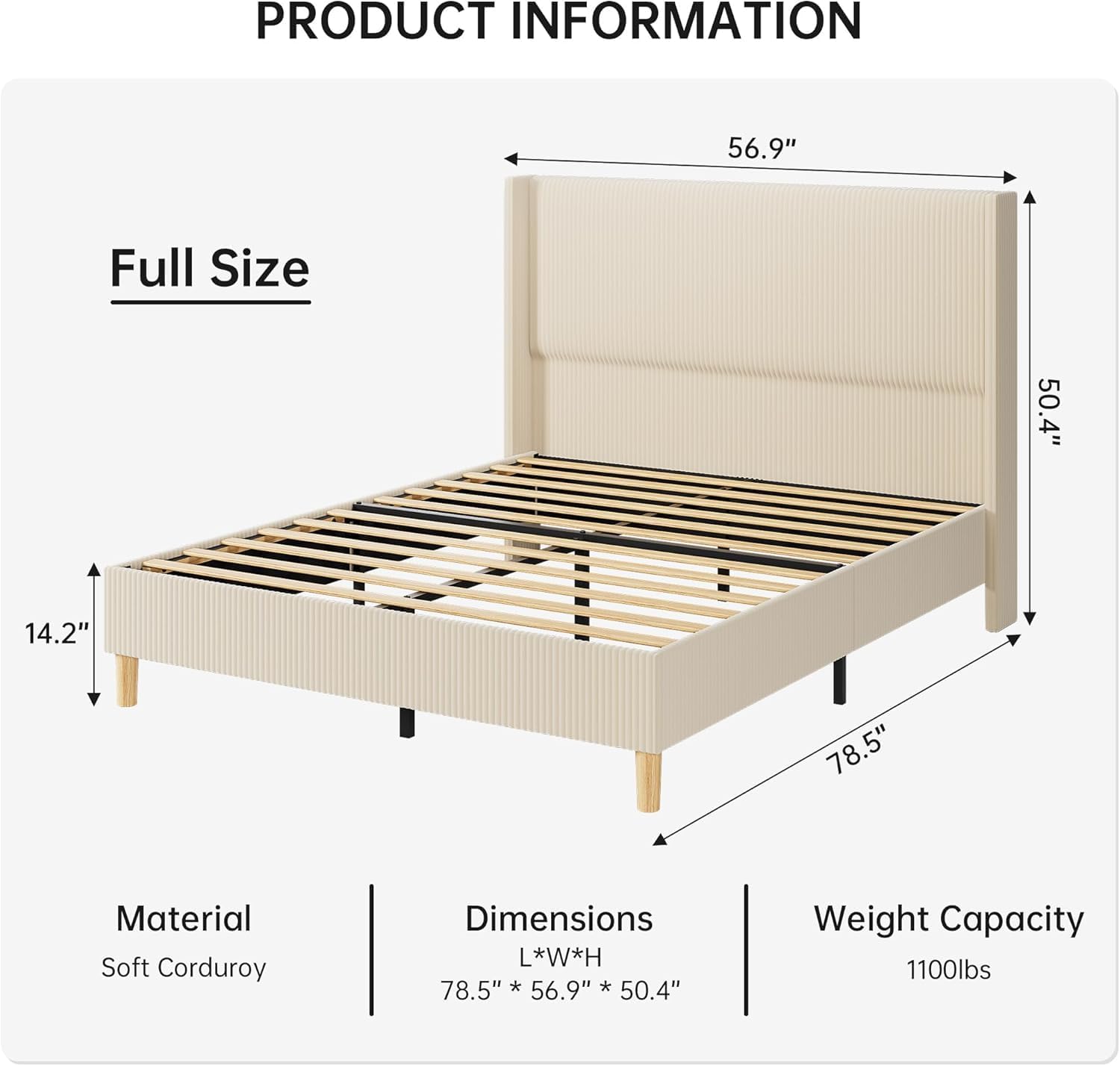 Cream Corduroy Tufted Full Bed Frame