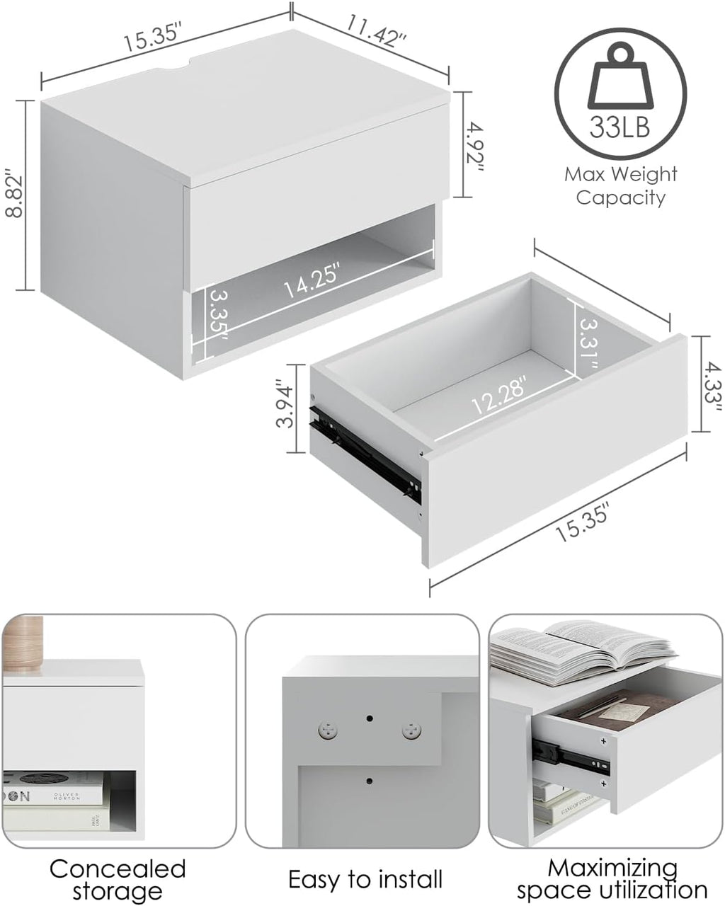 White Minimalist Wall Mount Floating Nightstand