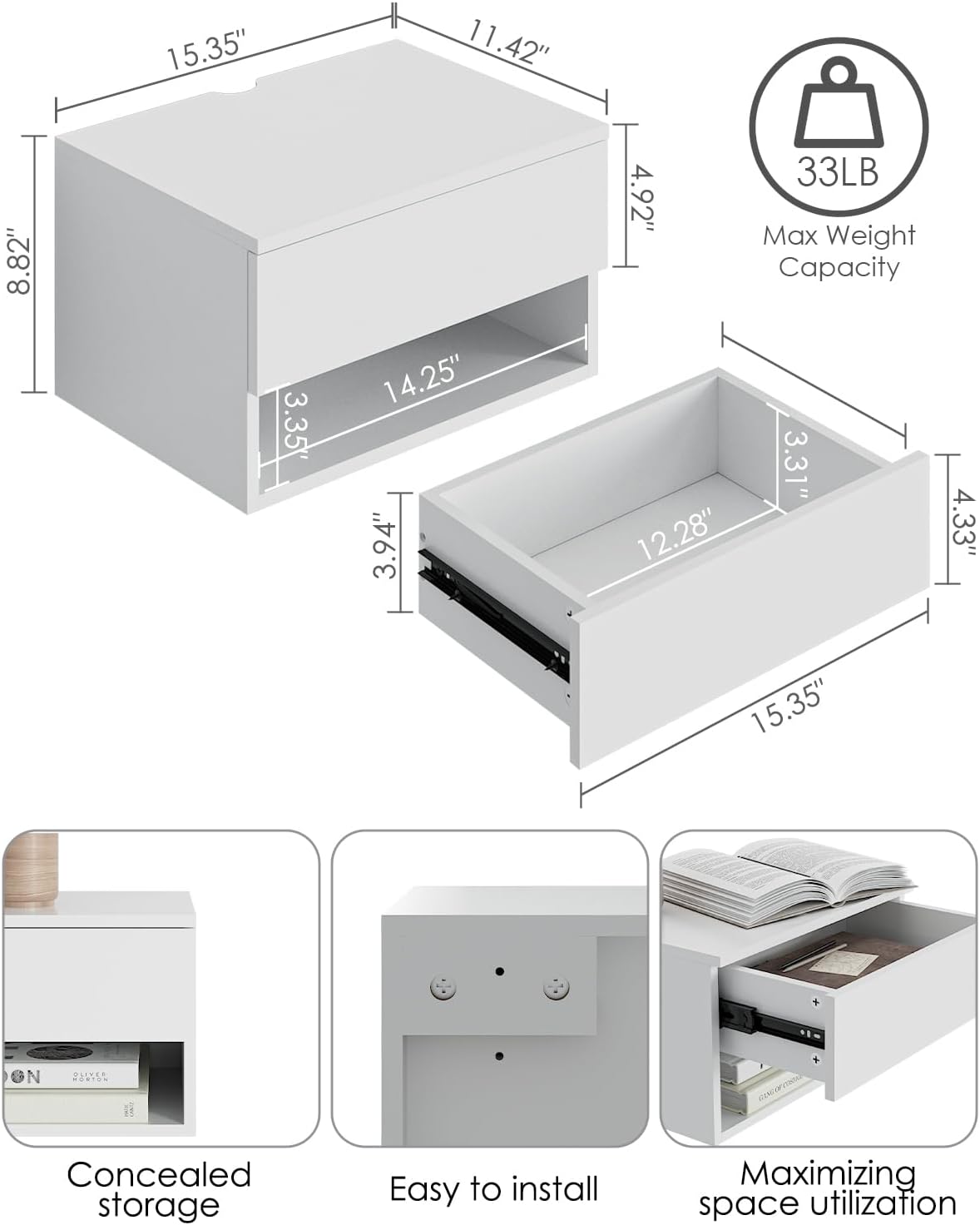 White Minimalist Wall Mount Floating Nightstand