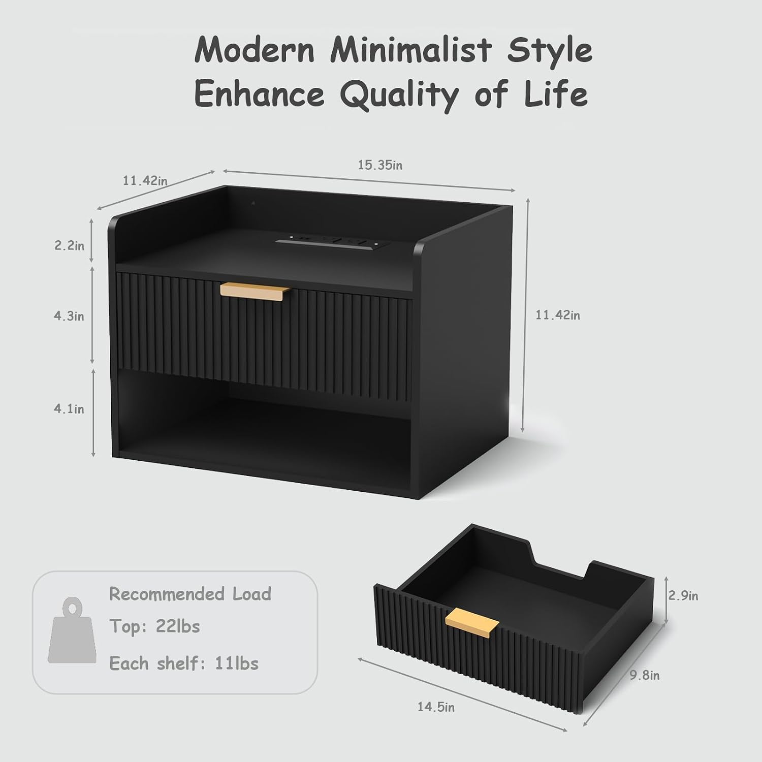 Black Floating Nightstands With Charging Station