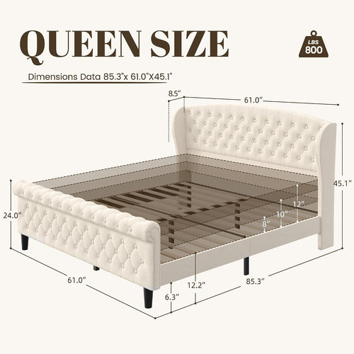 Beige Velvet Wingback Queen Sleigh Bed Frame