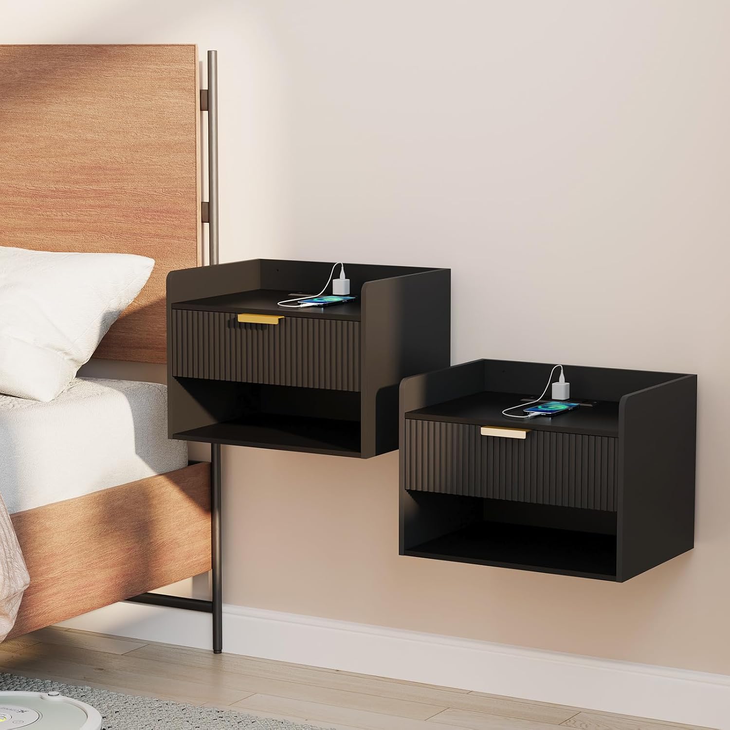 Black Floating Nightstands With Charging Station