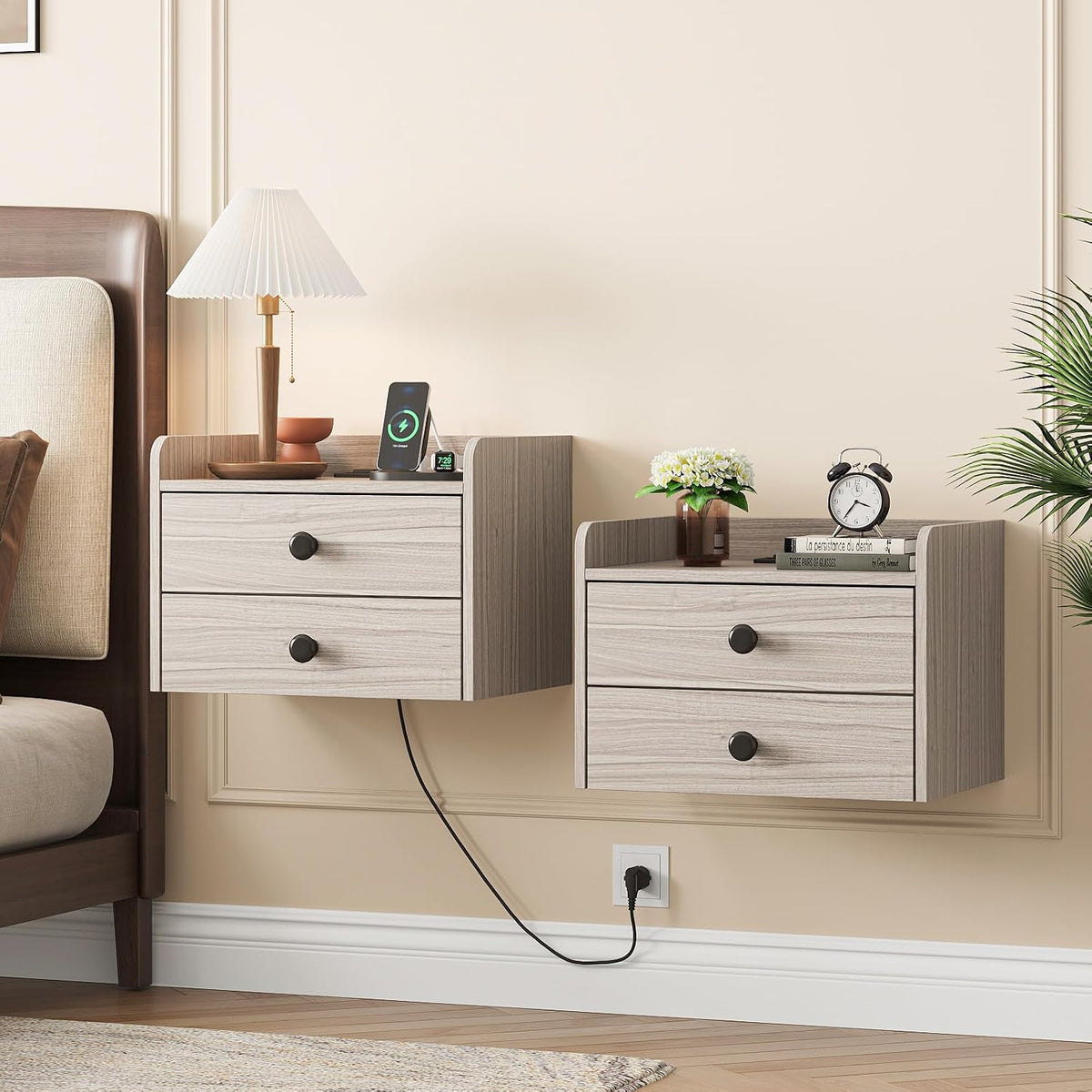 Wood Floating Nightstands With Charging Station