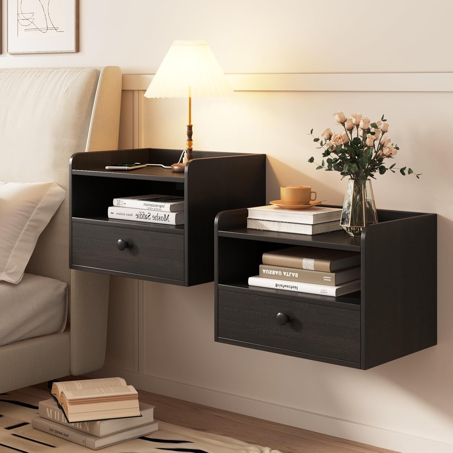 Black Floating Nightstands With Charging Station
