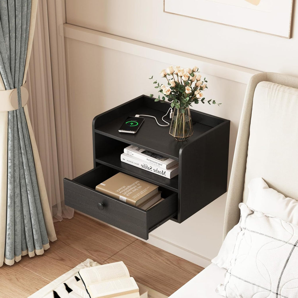 Black Floating Nightstands With Charging Station