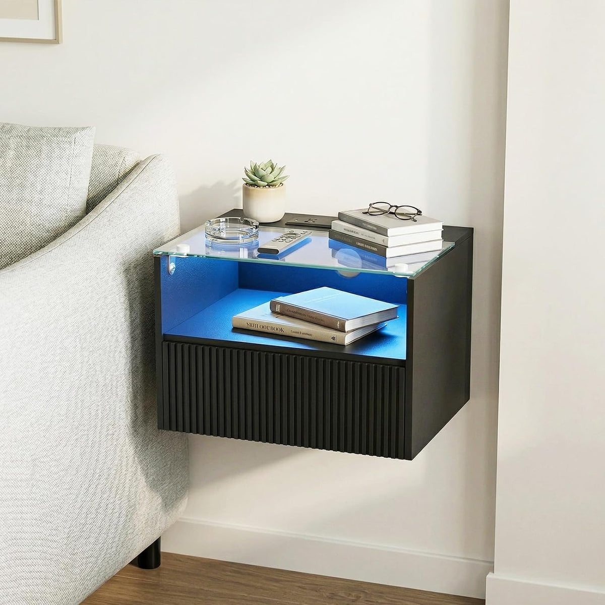 Wood Glass Floating Nightstands With Charging Station