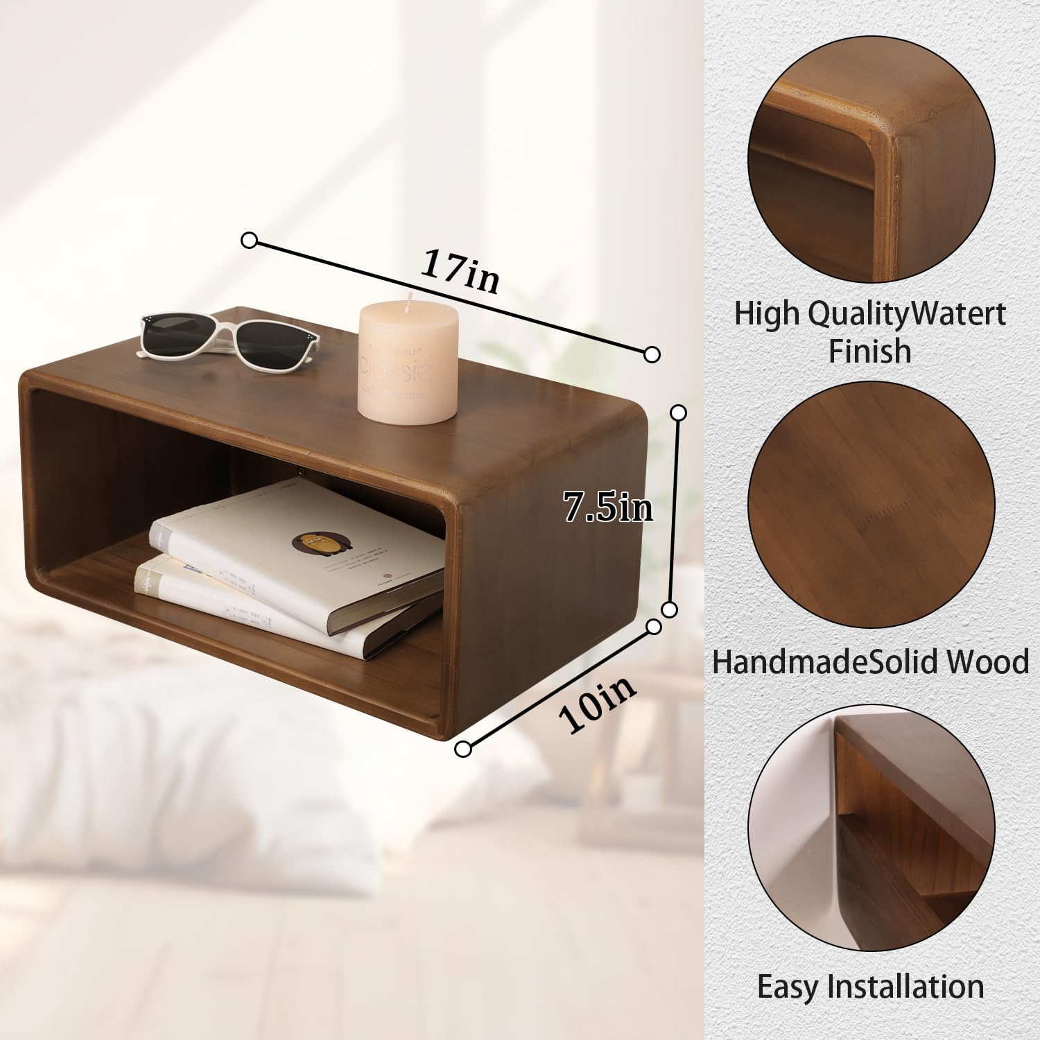 Pine Wood Minimalist Floating Bedside Nightstand