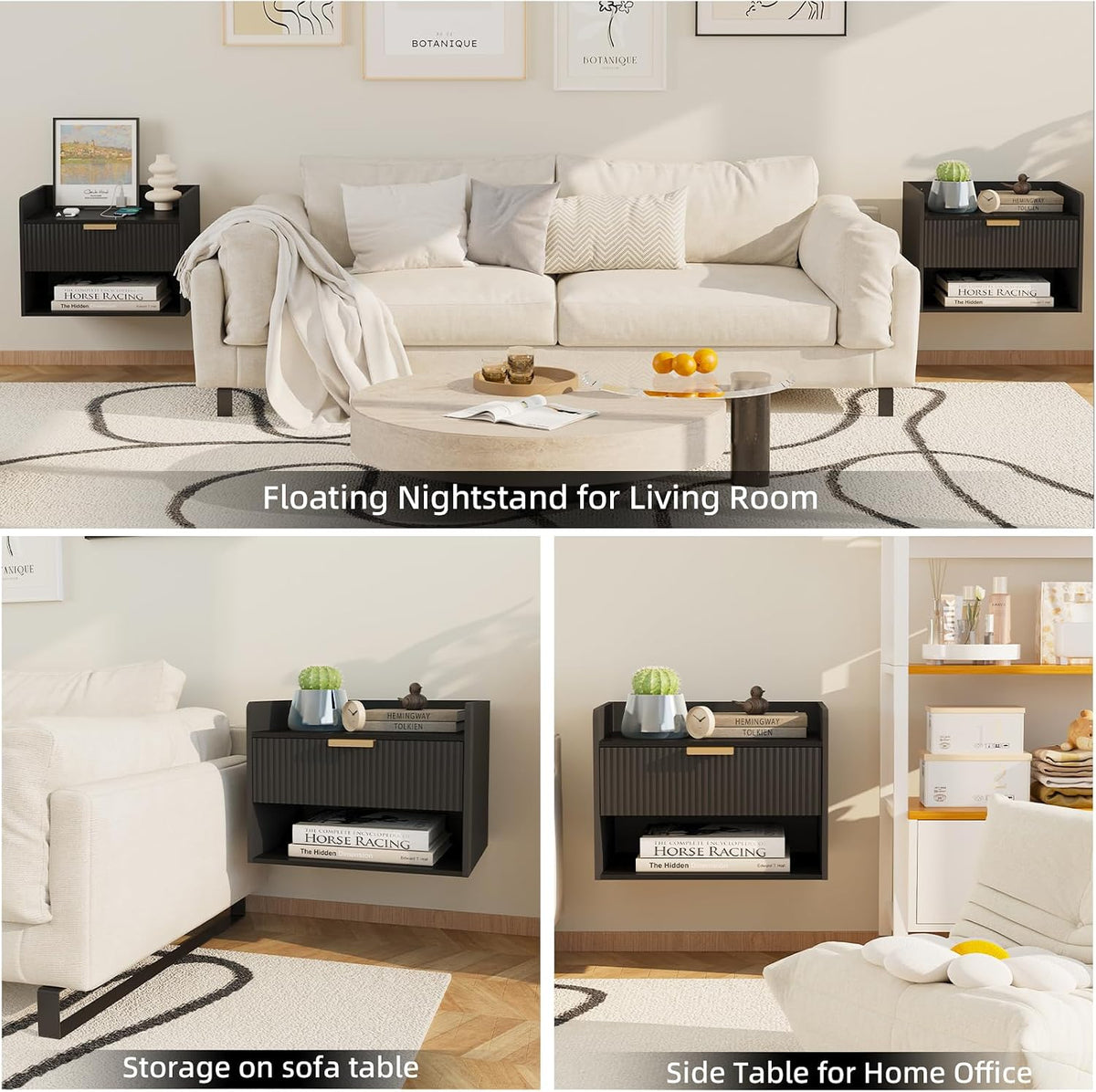 Black Floating Nightstands With Charging Station