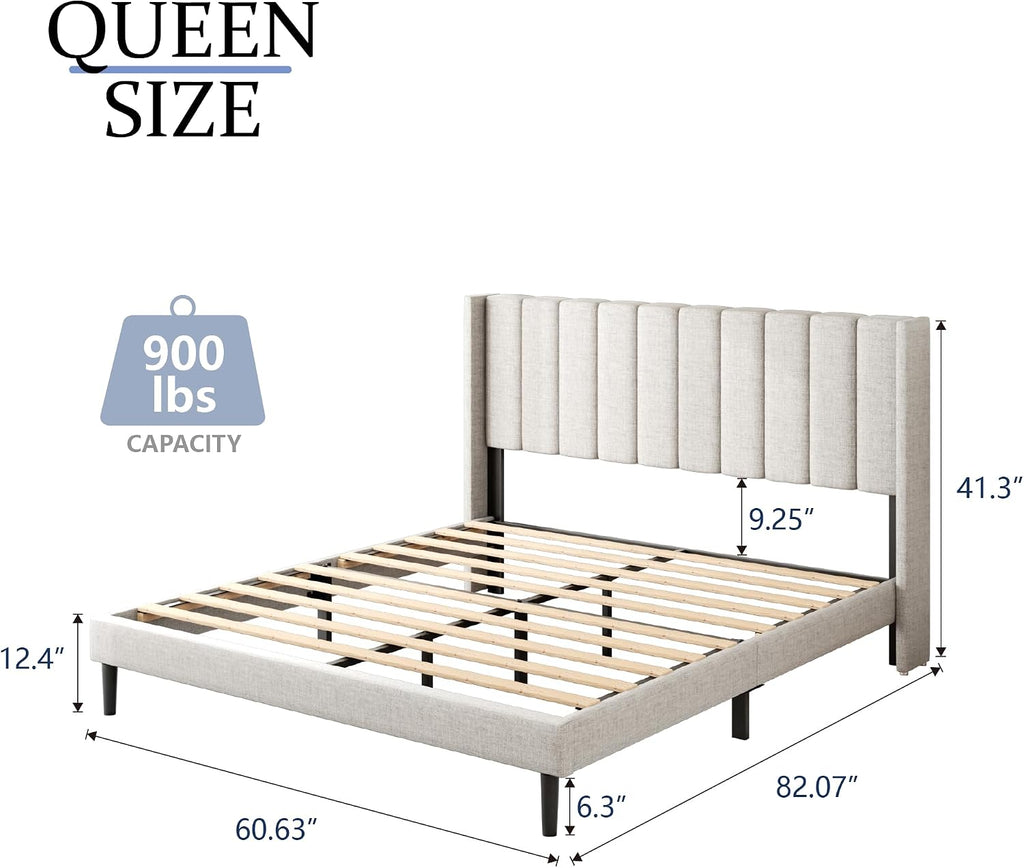 Sand Wingback Queen Upholstered Bed Frame