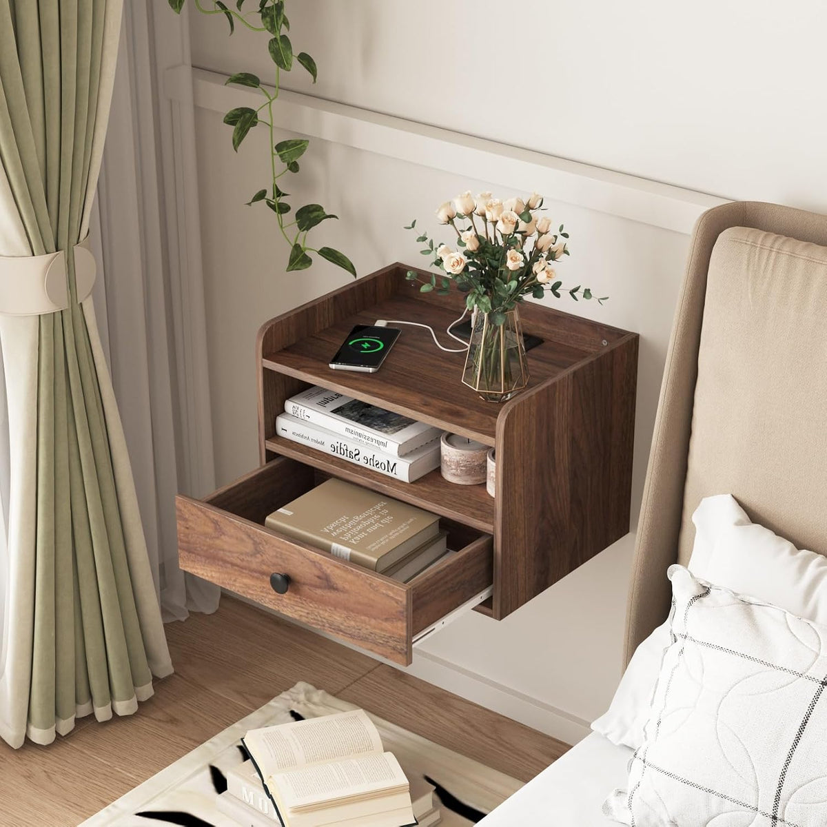 Walnut Floating Nightstands With Charging Station