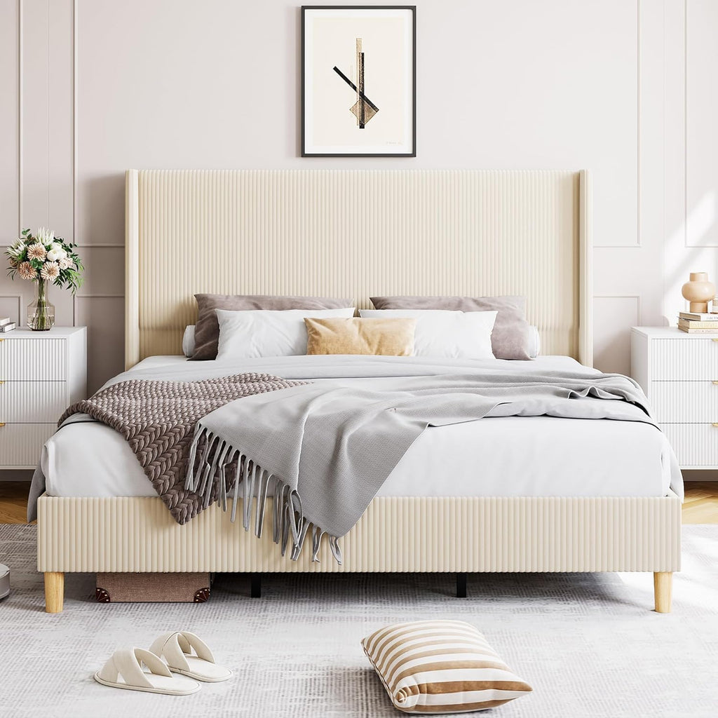 Cream Corduroy Tufted Full Bed Frame