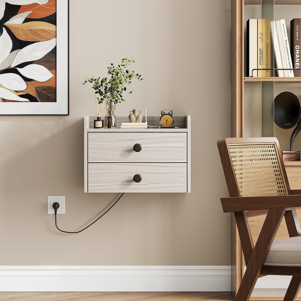 Wood Floating Nightstands With Charging Station
