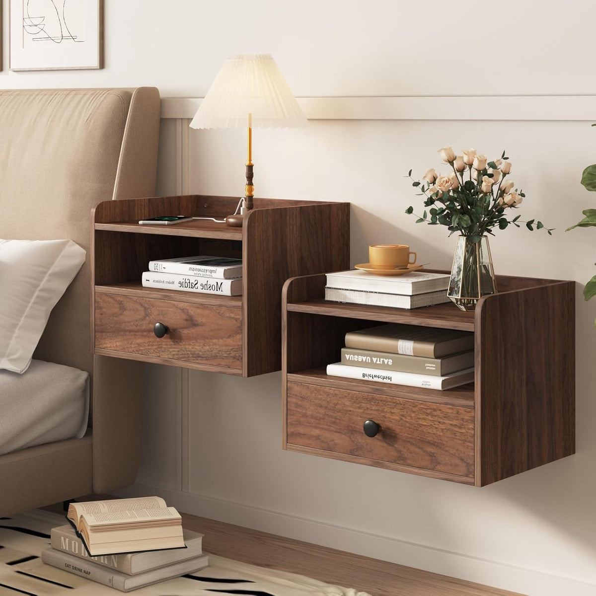 Walnut Floating Nightstands With Charging Station