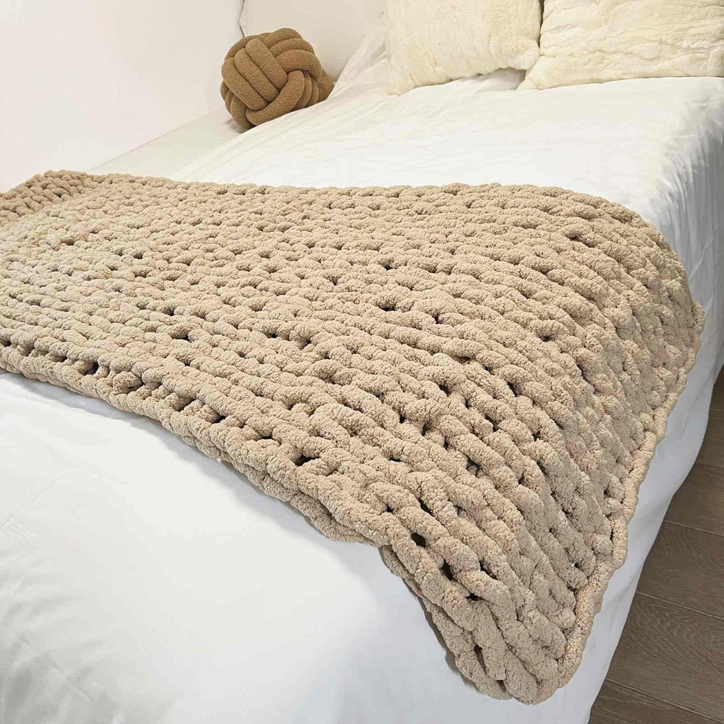 Tan Jumbo Chenille Chunky Knit Throw Blanket