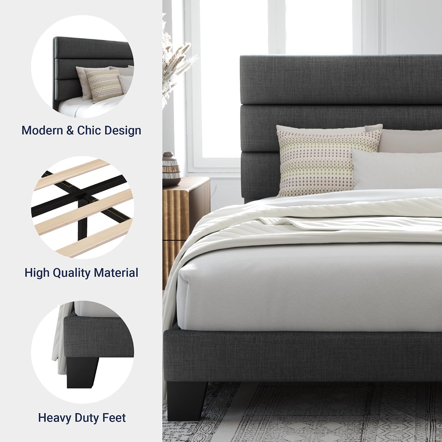 Dark Grey King Upholstered Platform Bed Frame