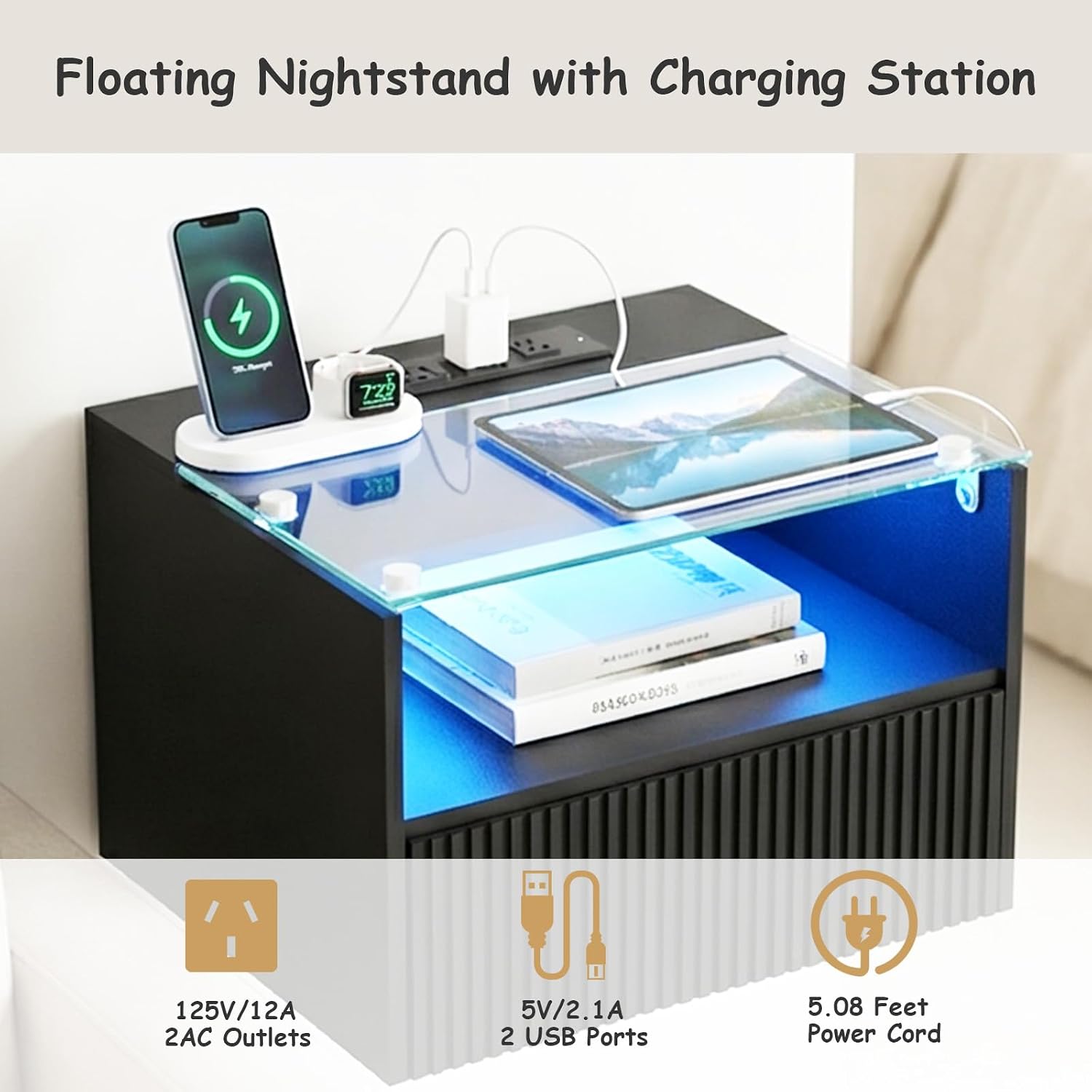 Wood Glass Floating Nightstands With Charging Station
