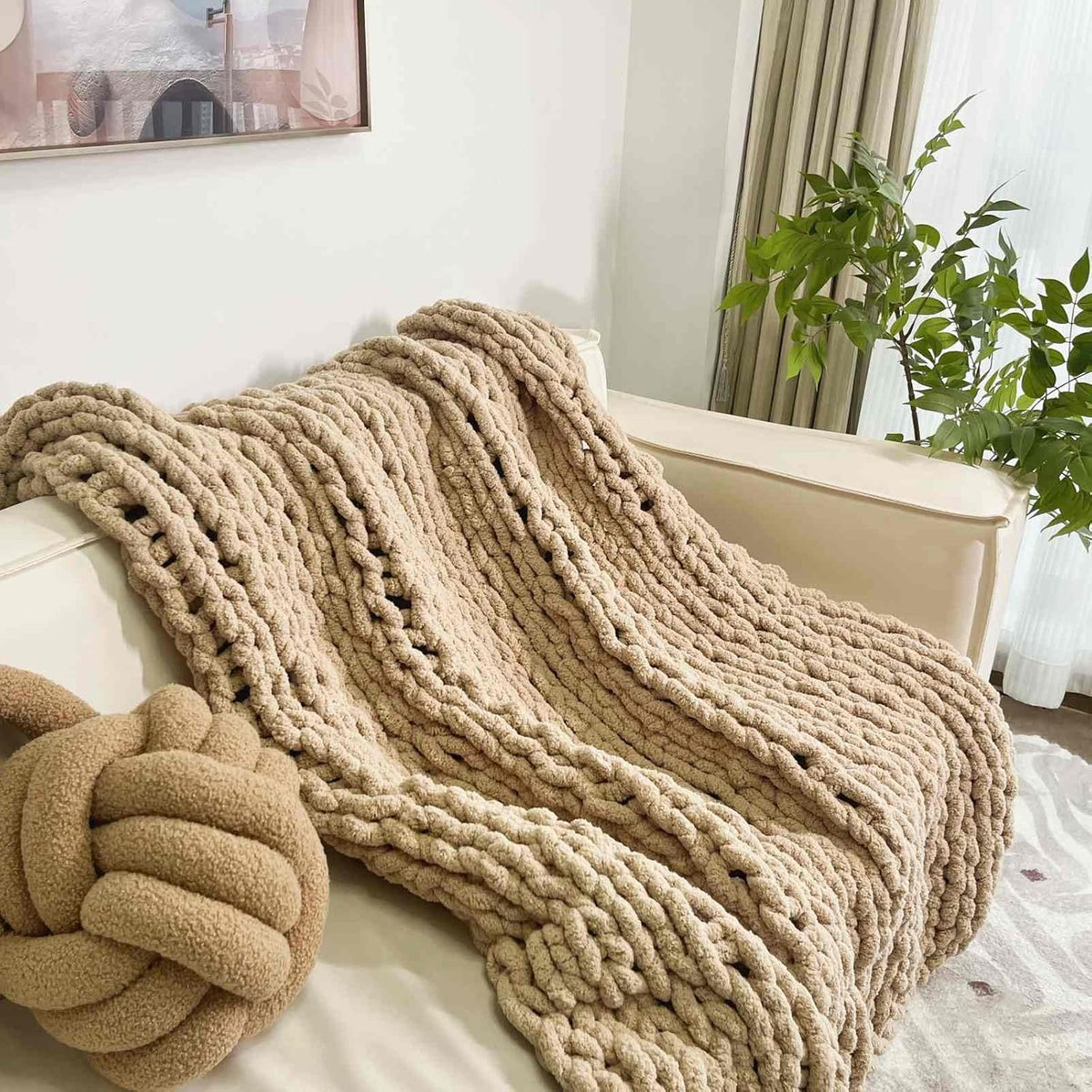 Tan Jumbo Chenille Chunky Knit Throw Blanket