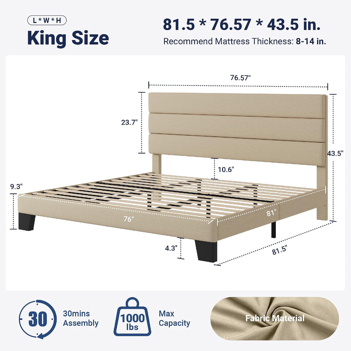 Beige Fabric King Upholstered Bed Frame