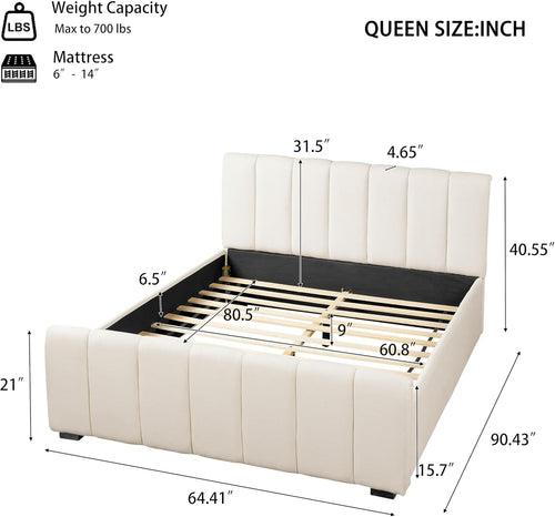 Beige Linen Queen Upholstered Bed Frame