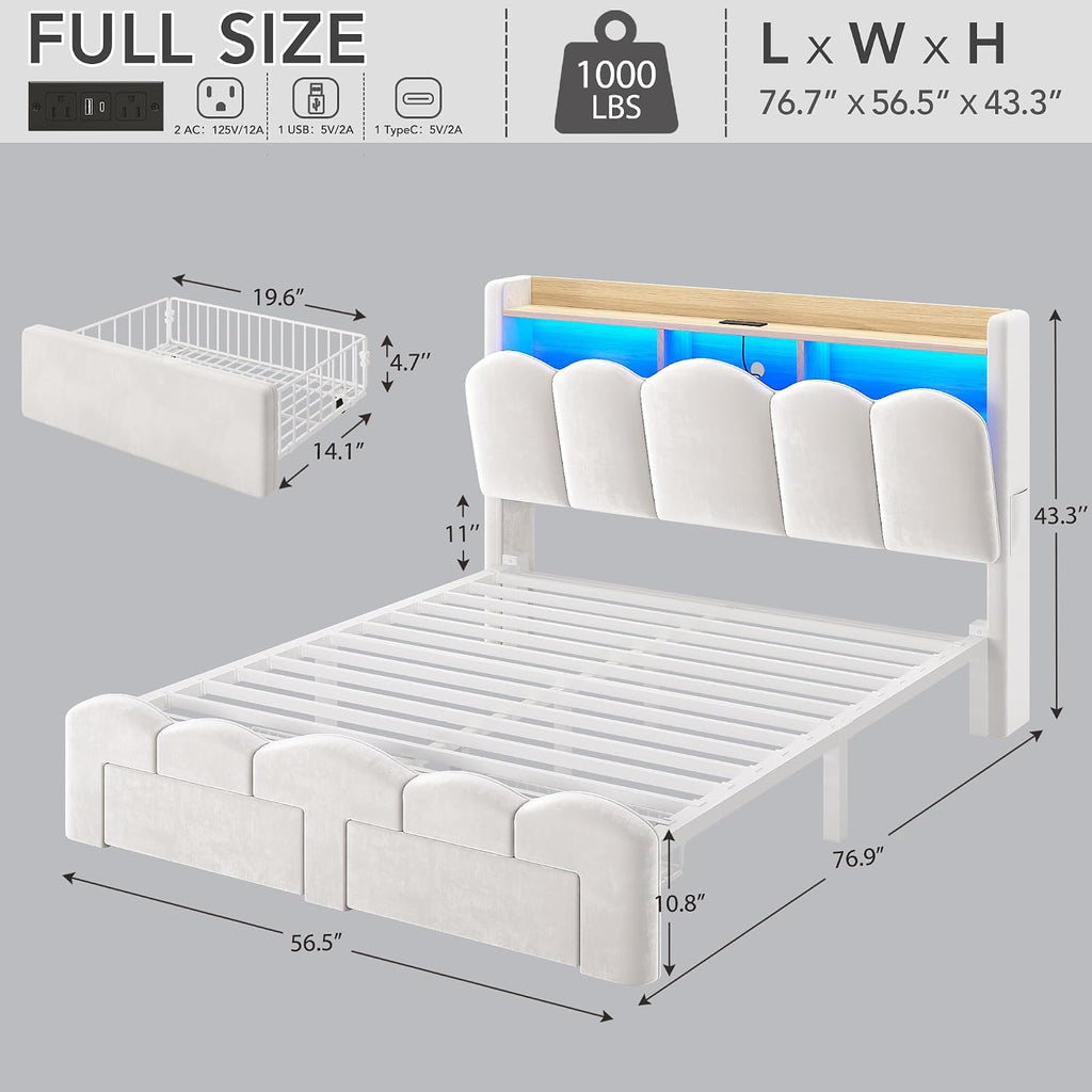 White Velvet LED Storage Full Bed Frame