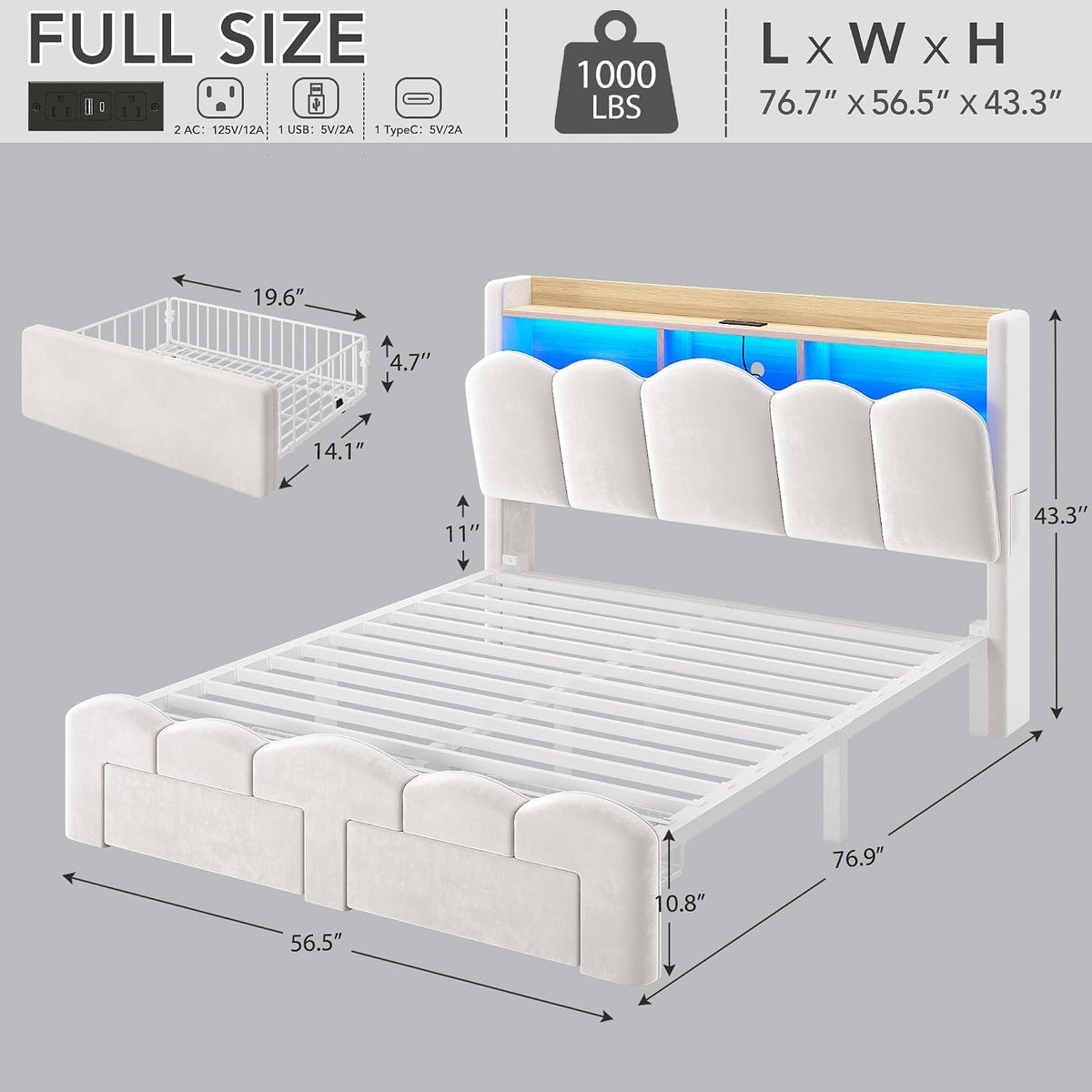 White Velvet LED Storage Full Bed Frame