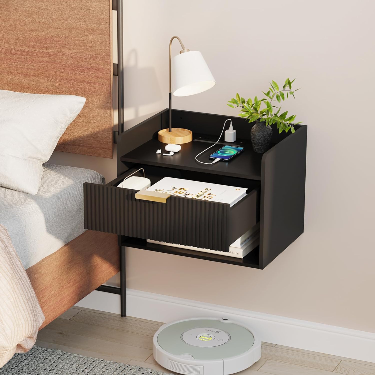 Black Floating Nightstands With Charging Station