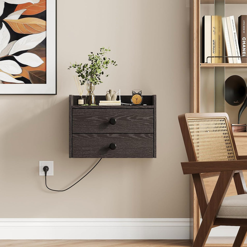 Wood Floating Nightstands With Charging Station