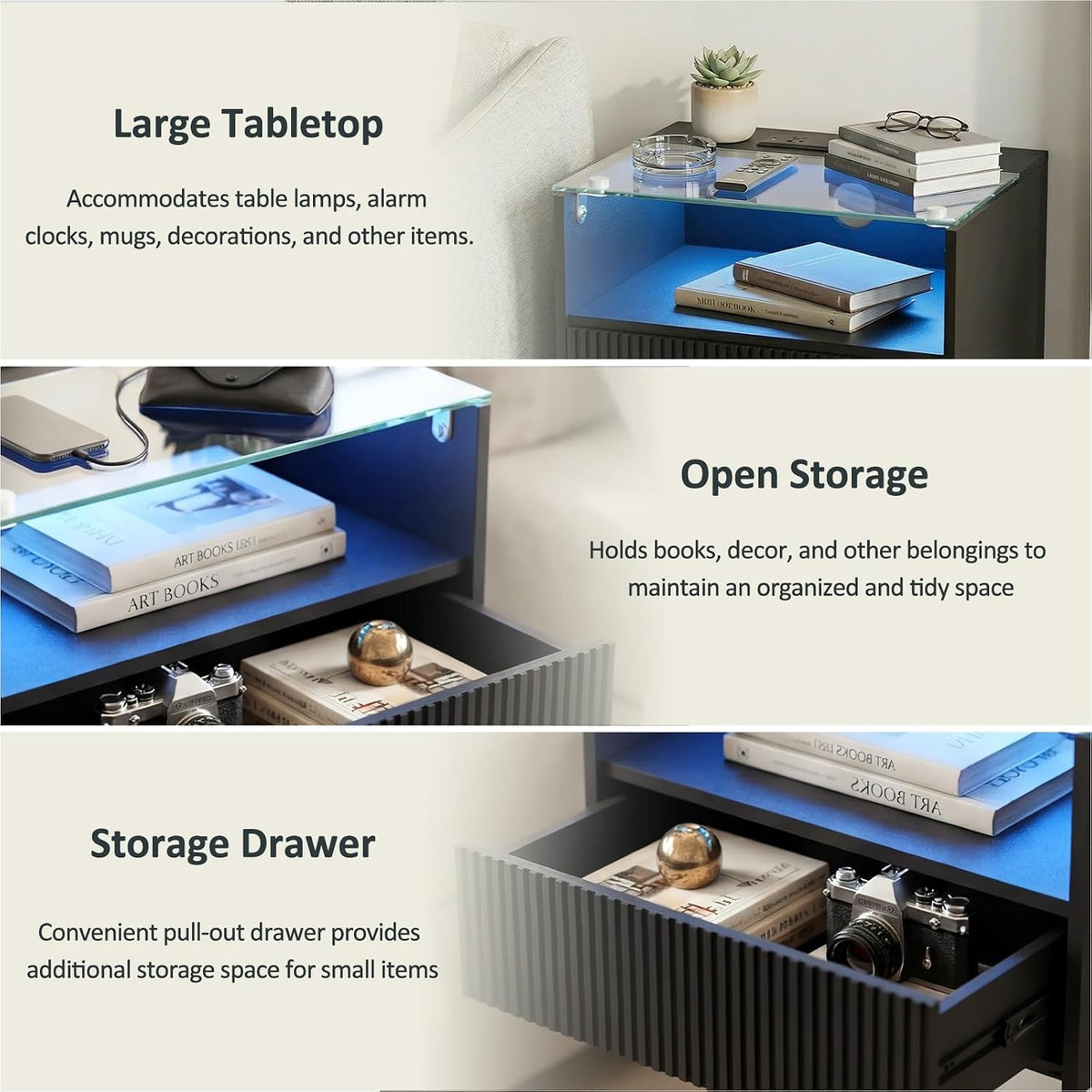 Wood Glass Floating Nightstands With Charging Station