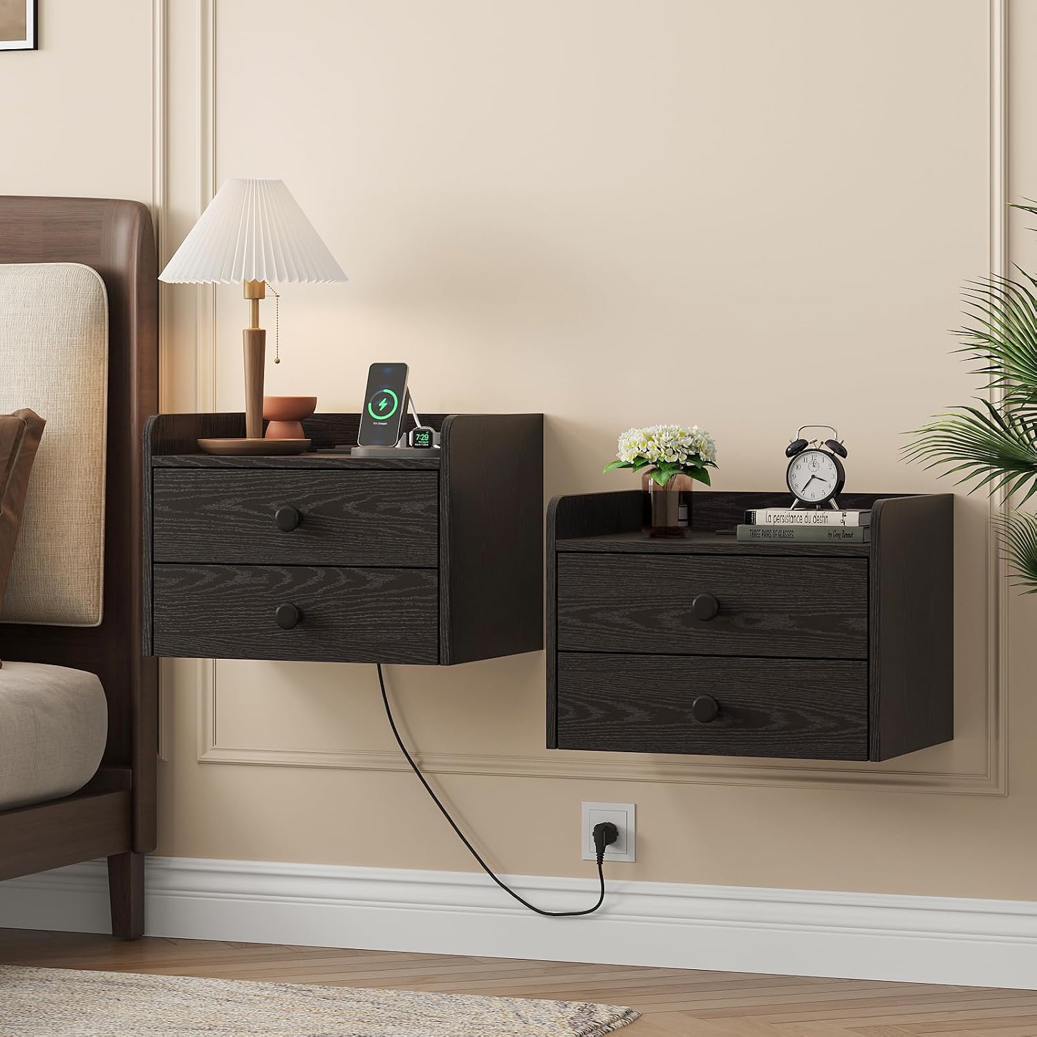 Wood Floating Nightstands With Charging Station