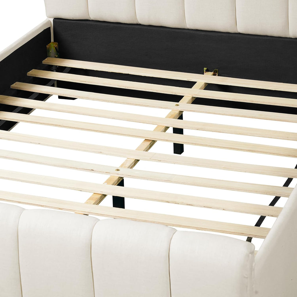 Beige Linen Queen Upholstered Bed Frame