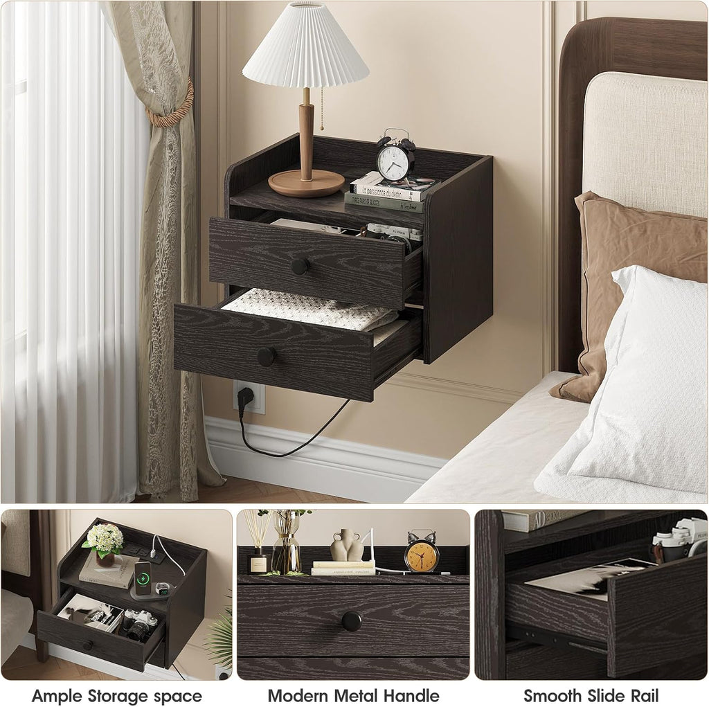 Wood Floating Nightstands With Charging Station
