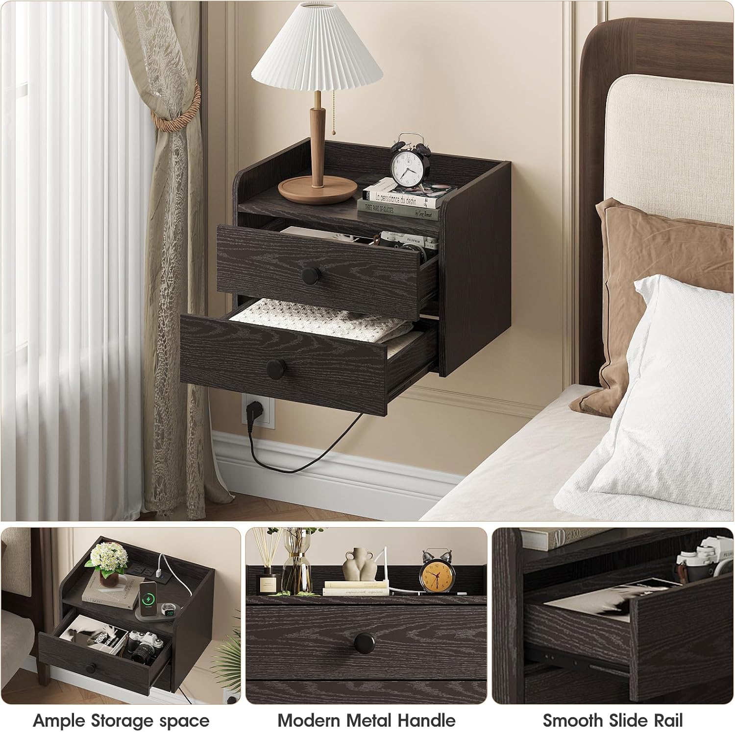 Wood Floating Nightstands With Charging Station