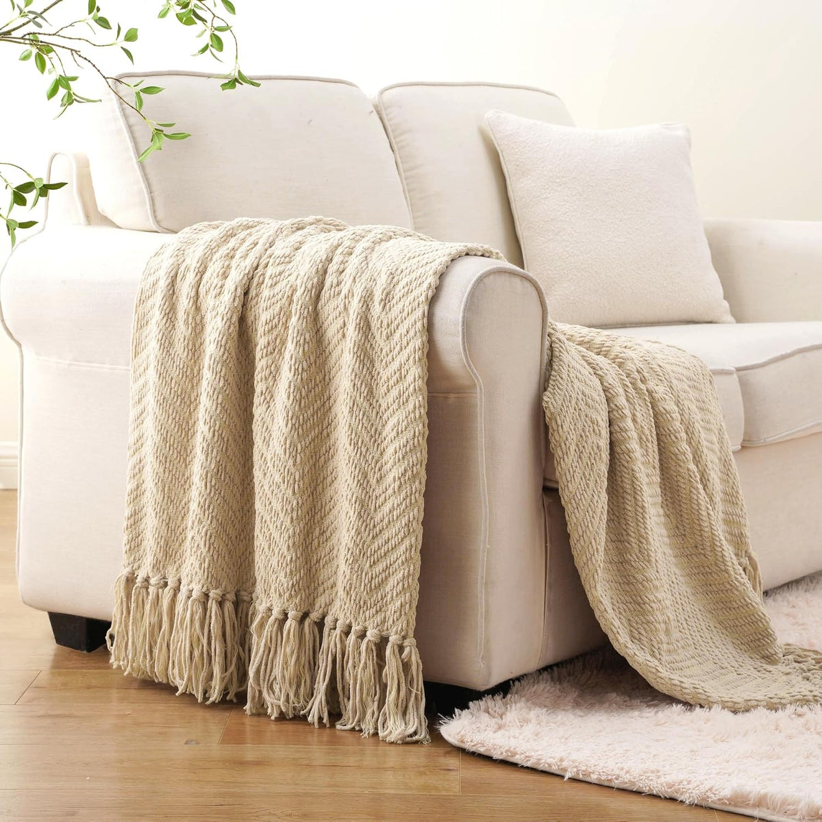 Beige Neutral Knit Decor Throw Blanket
