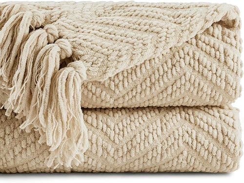 Beige Neutral Knit Decor Throw Blanket