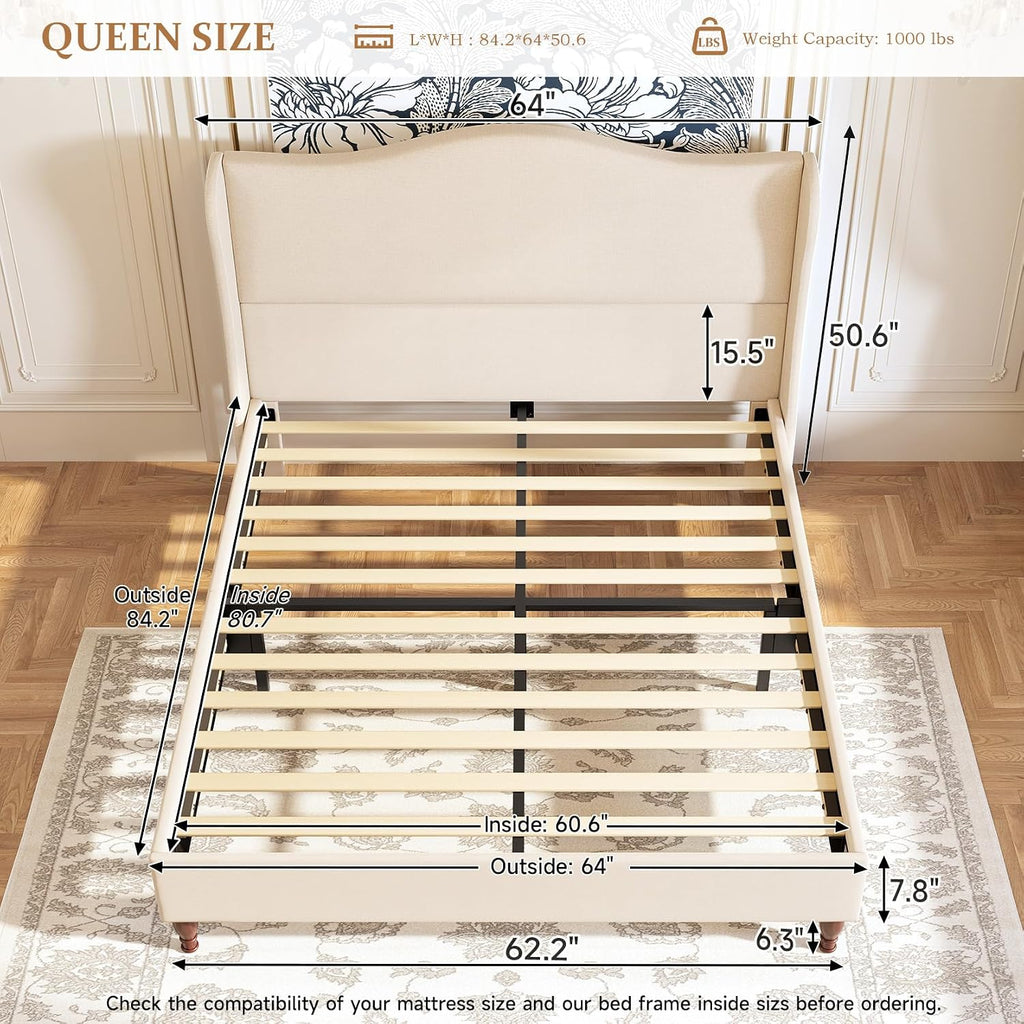 Beige Wingback Tall Queen Bed Frame