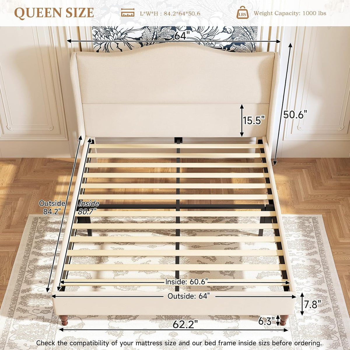 Beige Wingback Tall Queen Bed Frame