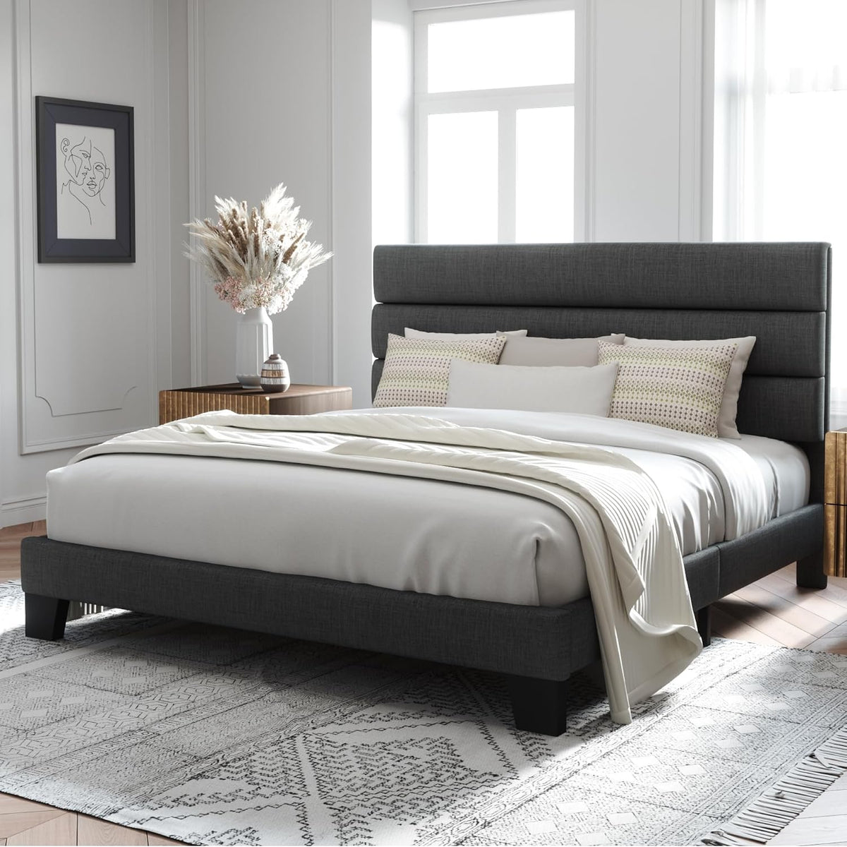 Dark Grey King Upholstered Platform Bed Frame