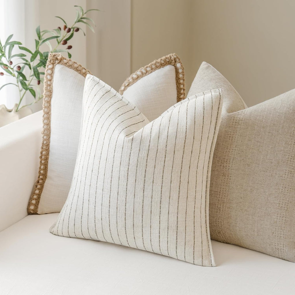 Striped Farmhouse Linen Pillow Covers Set of 2