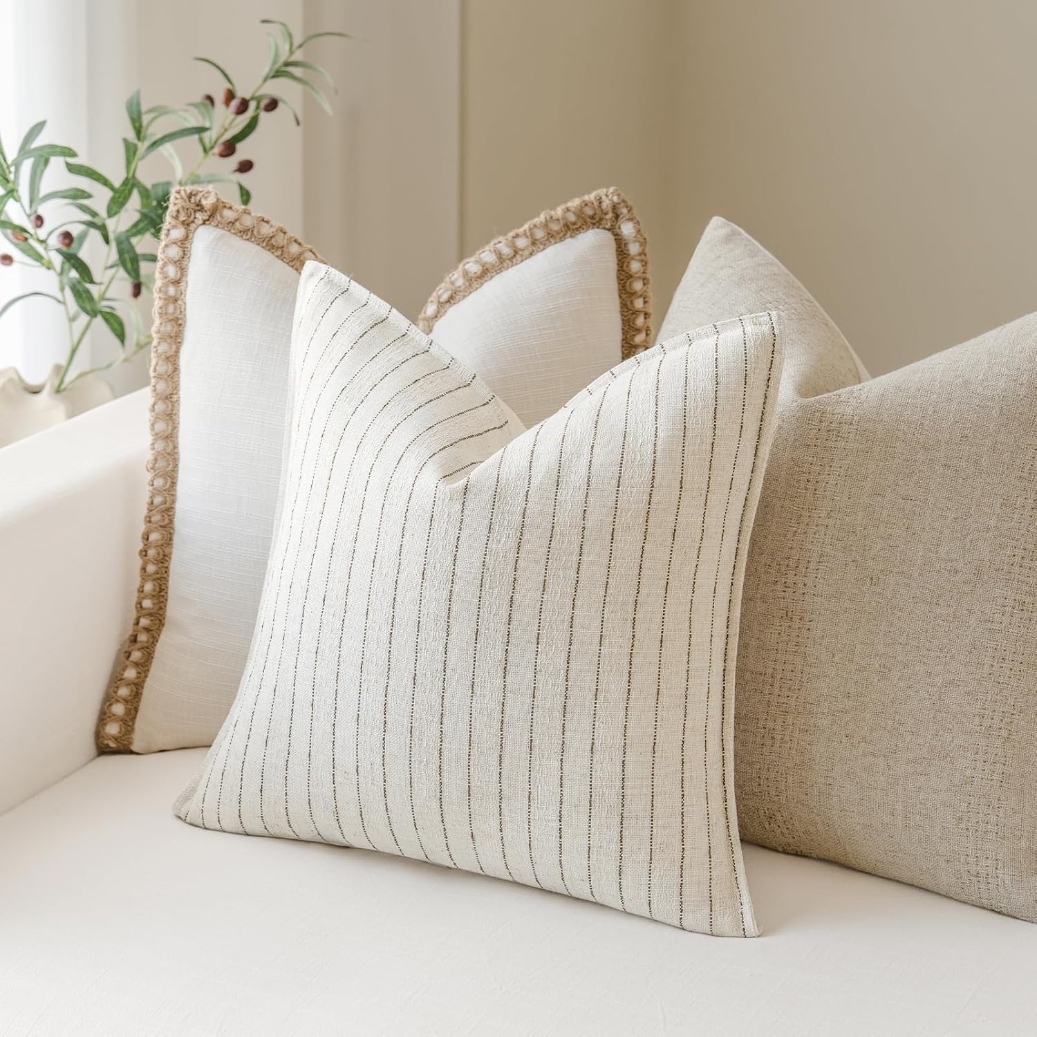 Striped Farmhouse Linen Pillow Covers Set of 2