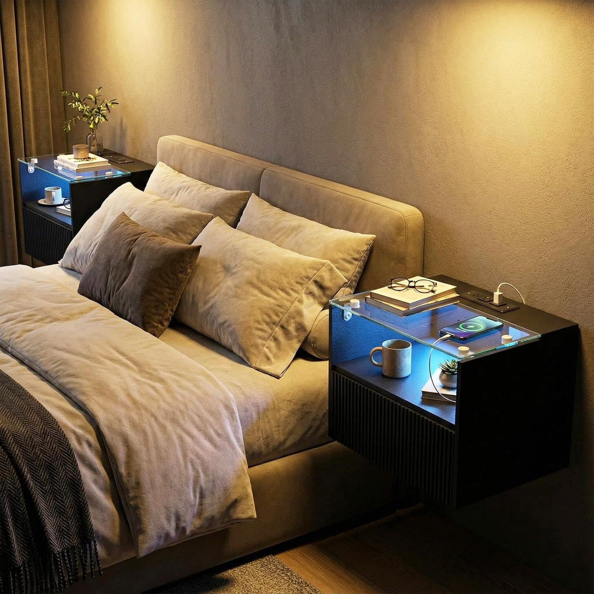 Wood Glass Floating Nightstands With Charging Station