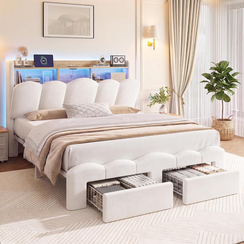 White Velvet LED Storage Full Bed Frame