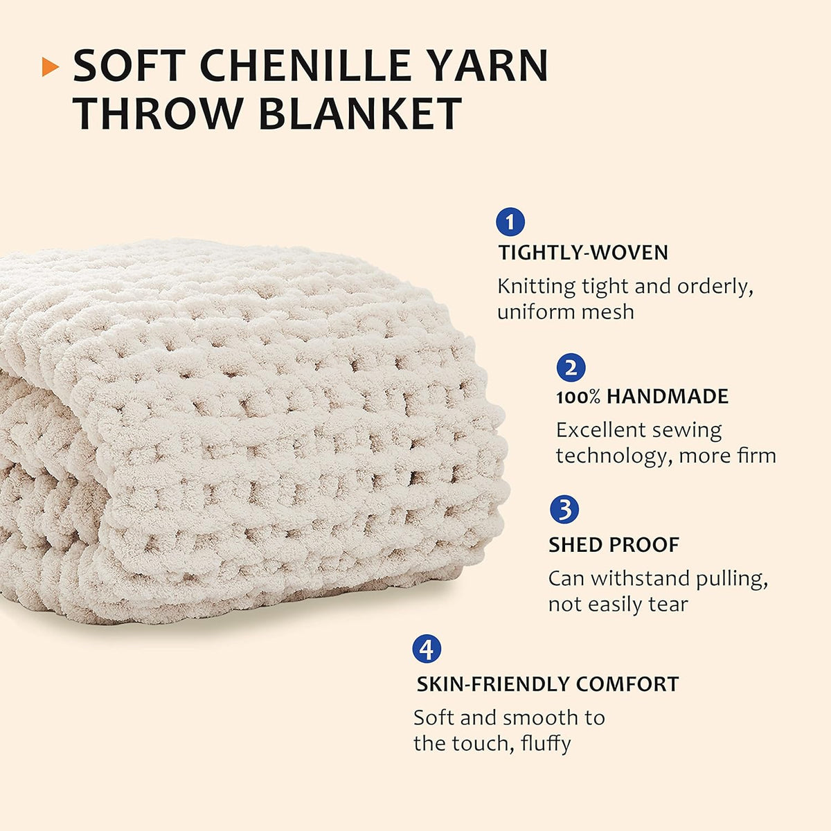 Ivory Handmade Chunky Chenille Throw Blanket