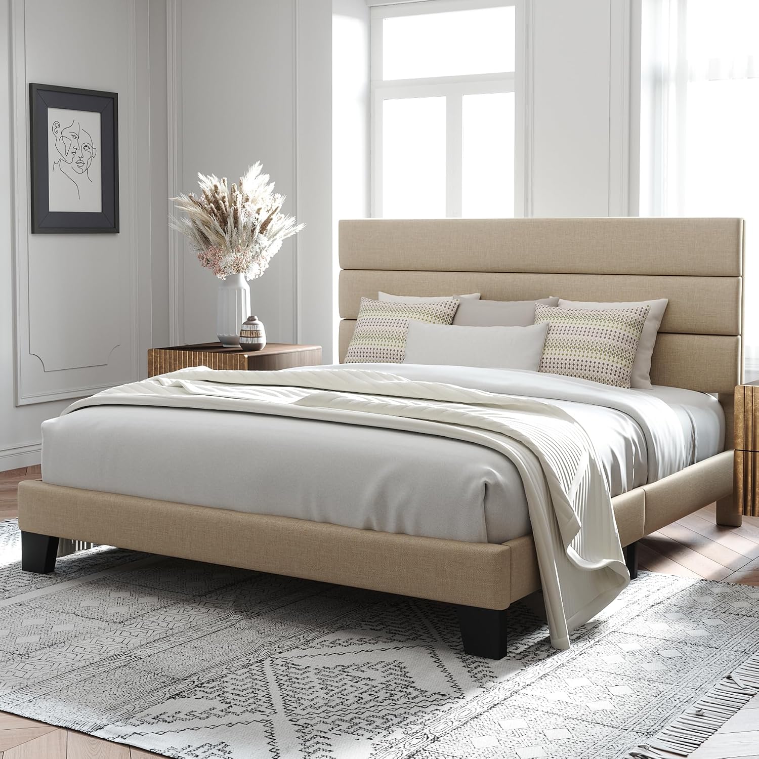 Beige Fabric King Upholstered Bed Frame