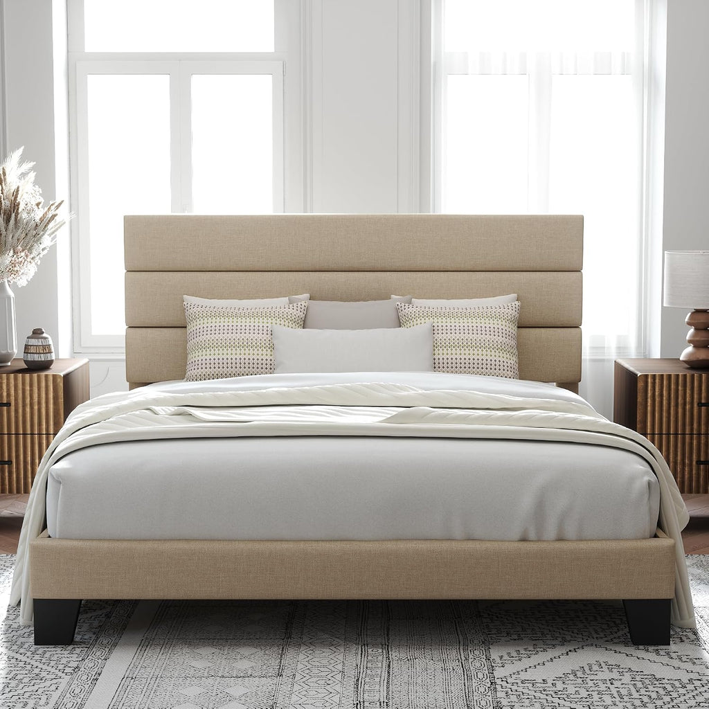 Beige Fabric King Upholstered Bed Frame