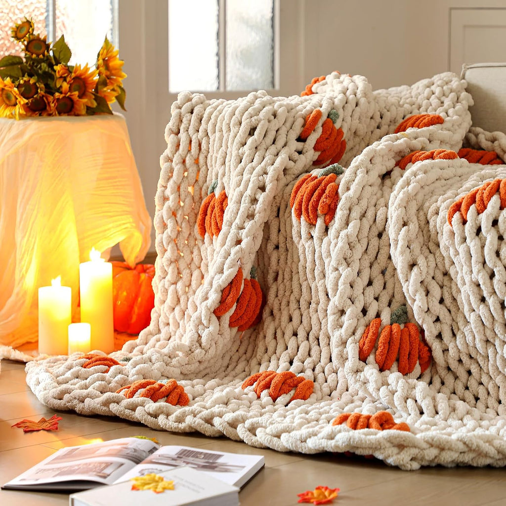 Beige Pumpkin Chenille Knit Throw Blanket