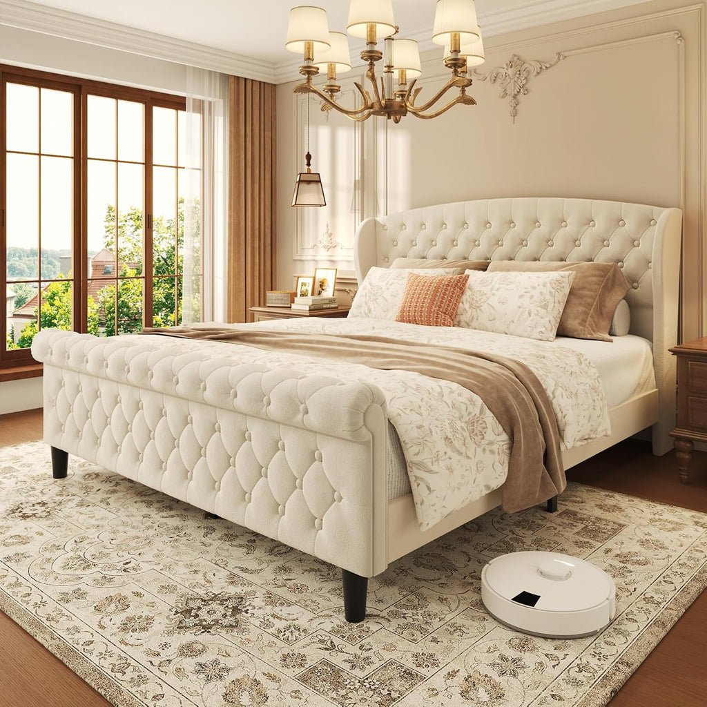 Beige Velvet Wingback Queen Sleigh Bed Frame