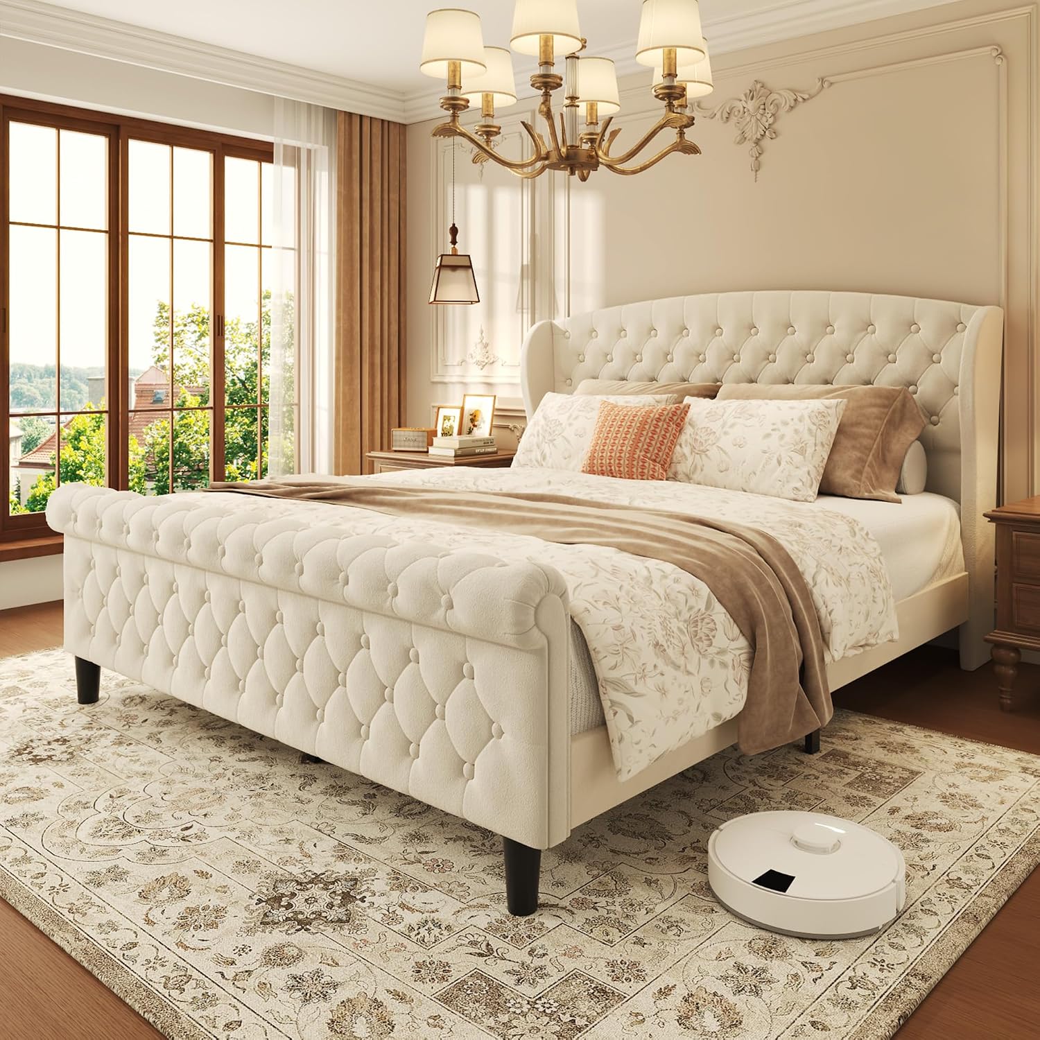 Beige Velvet Wingback Queen Sleigh Bed Frame