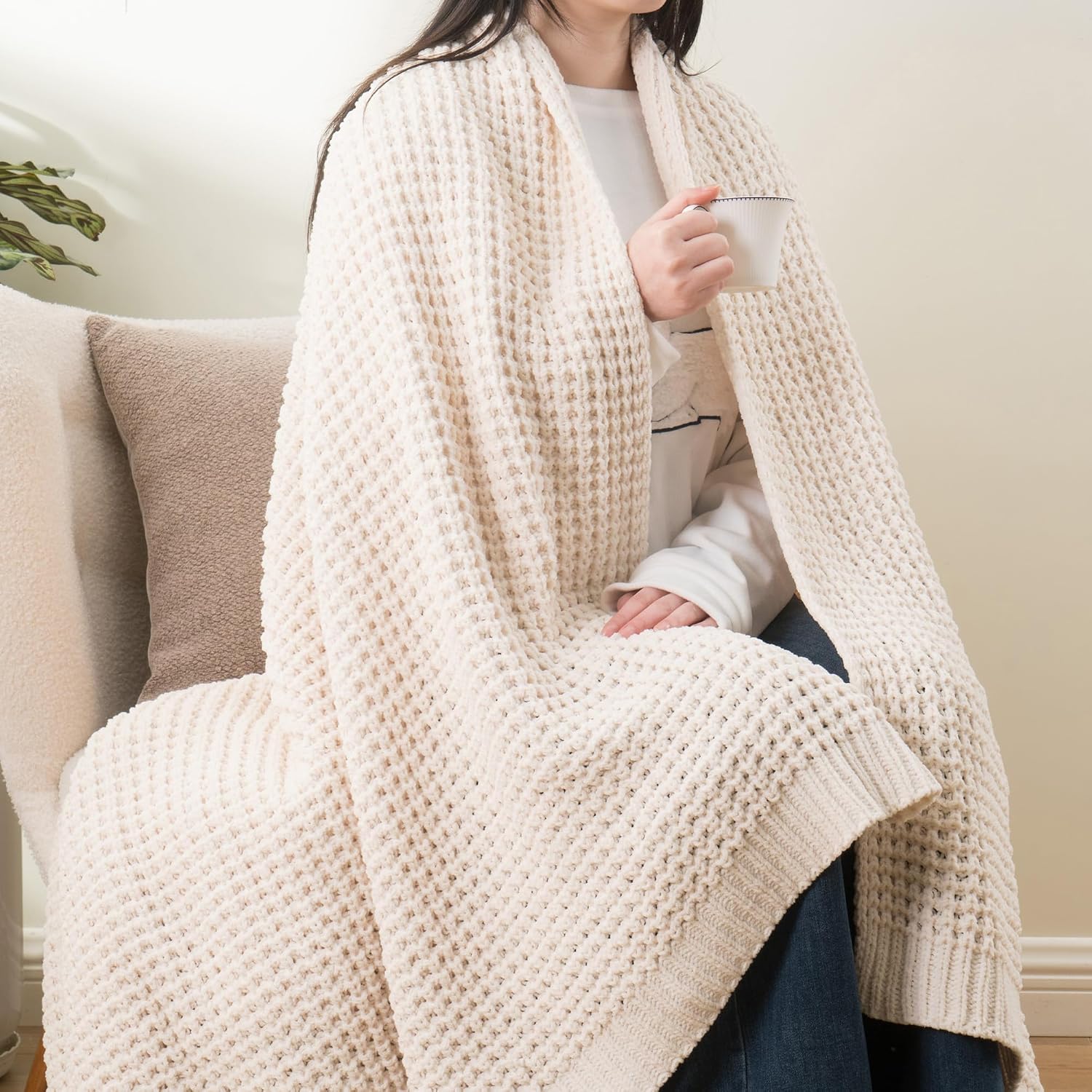 Cream Waffle Knit Chenille Throw Blanket