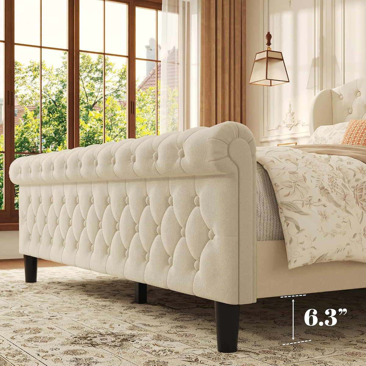Beige Velvet Wingback Queen Sleigh Bed Frame