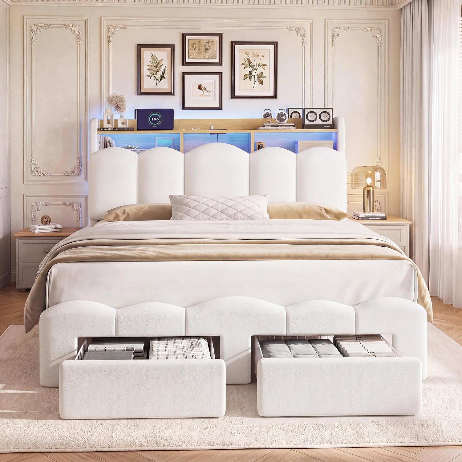 White Velvet LED Storage Full Bed Frame
